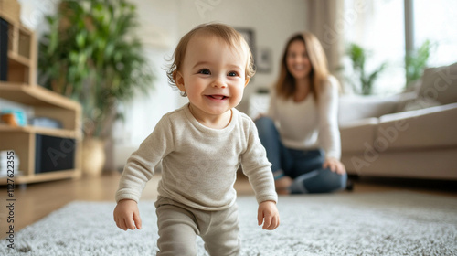 First steps. Smiling baby toddler learns to walk with on blurred background the mother is sitting on floor of living room.