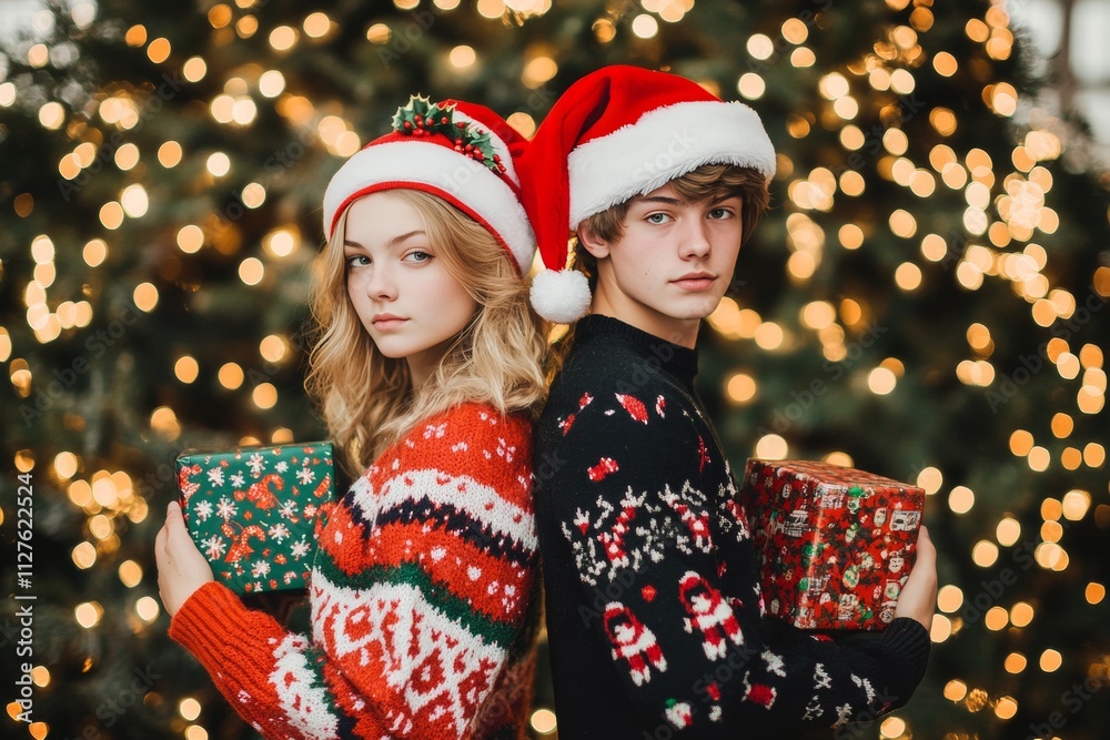 Charming young couple in christmas sweaters and santa hats holding a gift box by festive tree lights