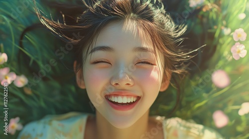 Wallpaper Mural Smiling Asian Woman Lying in Grassy Field Torontodigital.ca