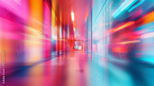 Light trails illuminating a colorful modern corridor with glass walls, creating a dynamic futuristic atmosphere