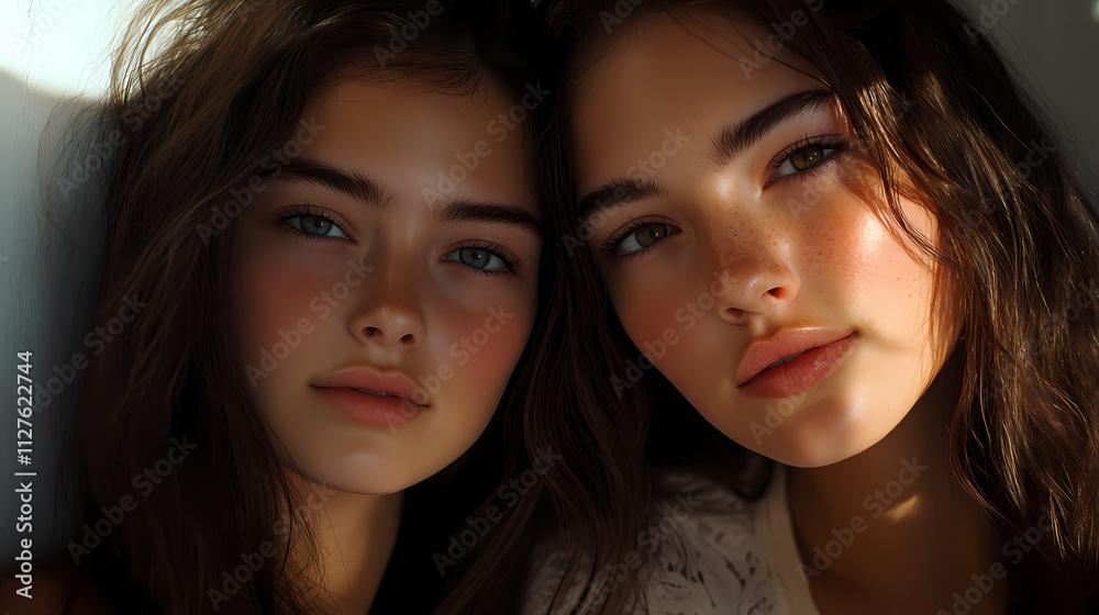 Two sisters looking at camera with introspection and serenity of youth. Serenity. Illustration Two sisters looking at camera with introspection and serenity of youth. Serenity. Illustration