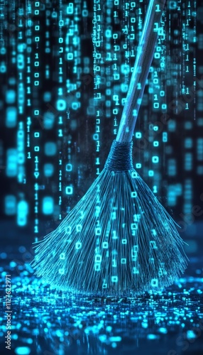 A broom sweeping away glowing blue binary code symbolizing data deletion and clearing process photo