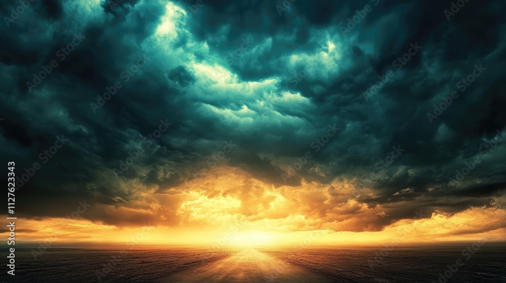 Dramatic Sunset Over Ocean With Dark Clouds and Golden Horizon