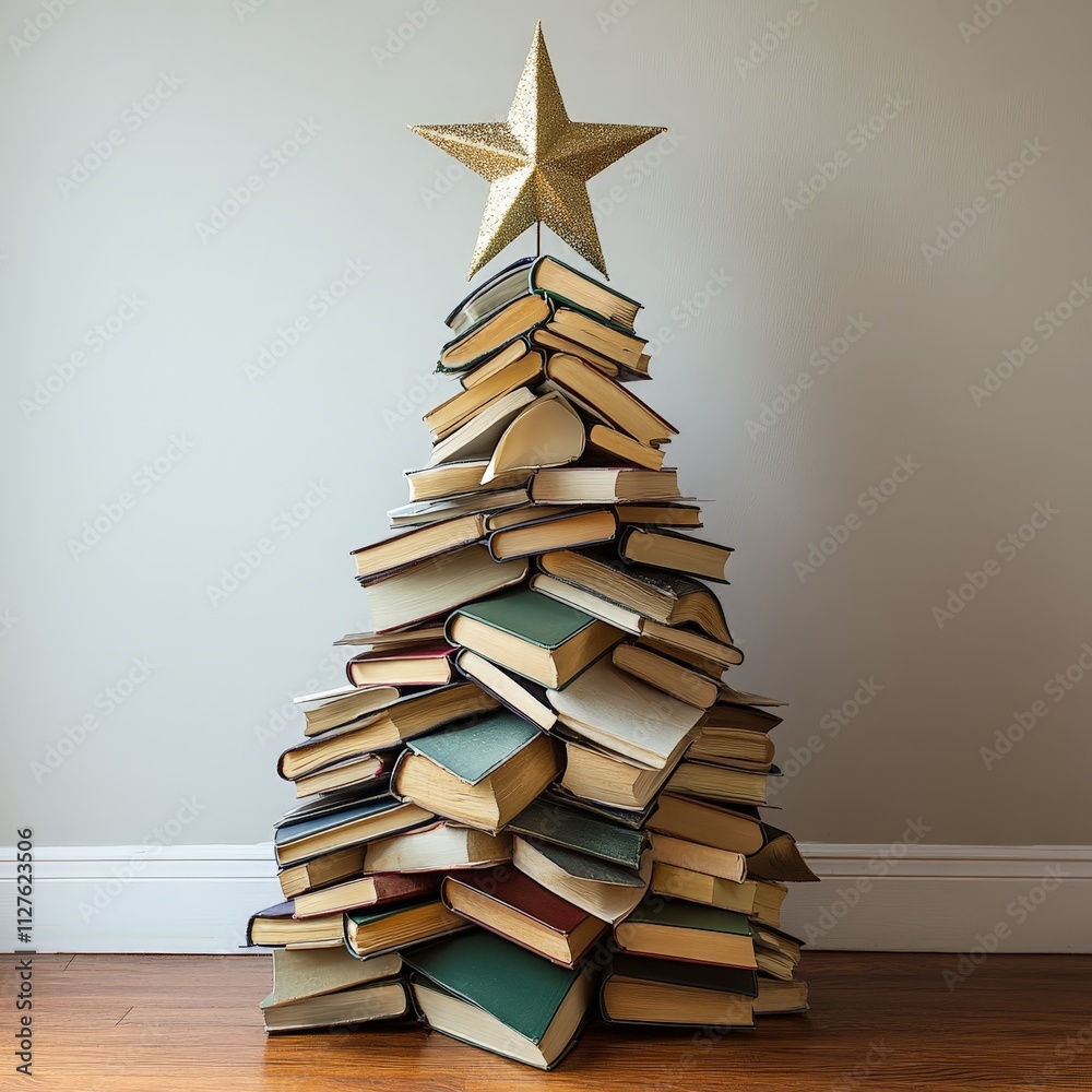 Creative book Christmas tree with teal festive backdrop Creative book Christmas tree with teal festive backdrop