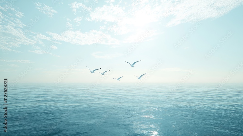 Tranquil Seascape with Birds Soaring Over Calm Ocean Waters