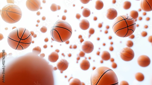 Many basketballs falling in slow motion