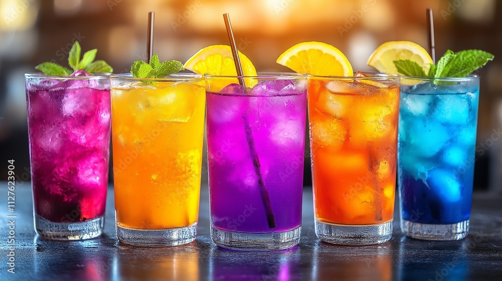 A colorful display of vibrant drinks in glasses with fruit garnishes at an outdoor bar showing mixology and diversity in gastronomy A colorful display of vibrant drinks in glasses with fruit garnishes at an outdoor bar showing mixology and diversity in gastronomy