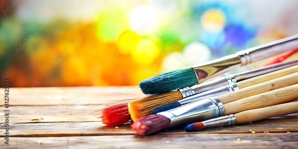 Obraz premium Colorful paintbrushes arranged on a wooden surface ready for artistic creation with vibrant background