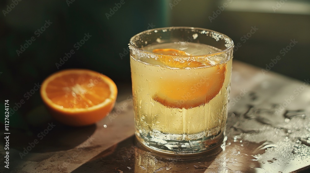 Refreshing Citrus Drink with Orange Slice and Ice in Glass Refreshing Citrus Drink with Orange Slice and Ice in Glass