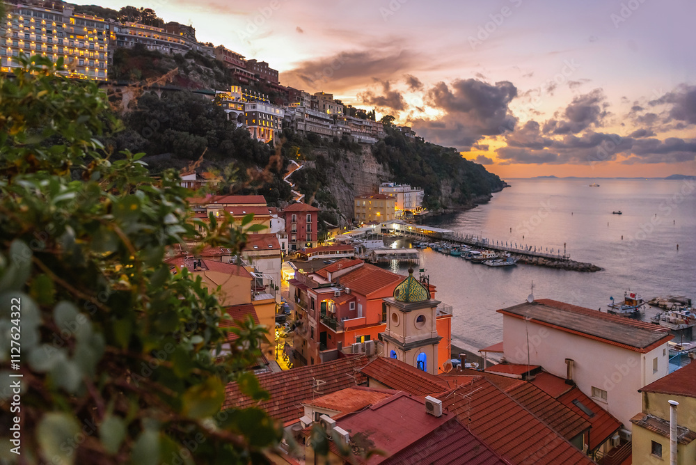 Italy, Sorrento. View from the high shore of the sea and the surrounding area of Sorrento in the evening