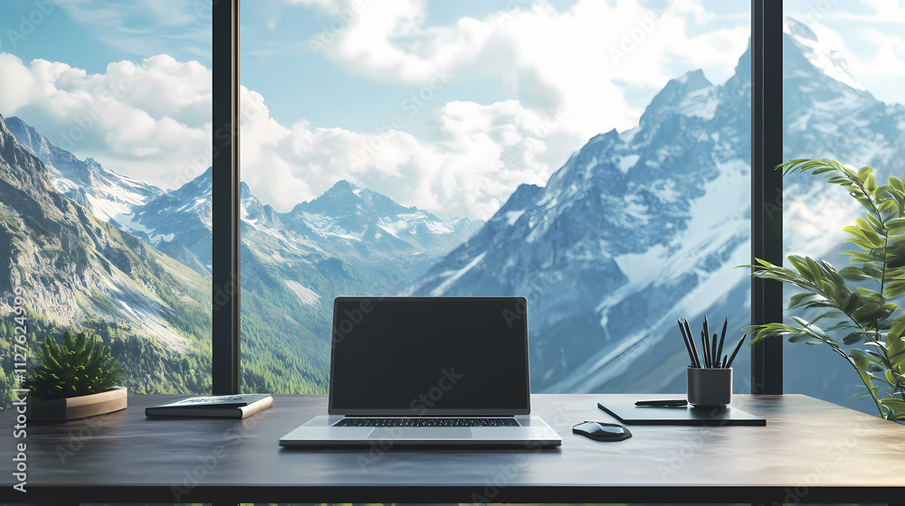 Fototapeta premium Serene mountain vista as immersive virtual meeting background photorealistic detail blends with subtle digital enhancements zeninspired home office setup in foreground. Serenity. Illustration