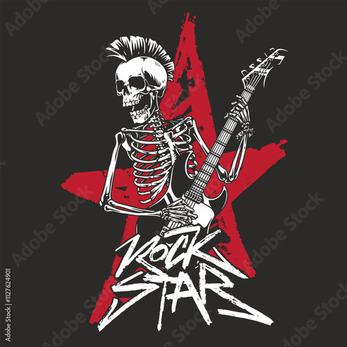 Skeleton rocking out with guitar in vibrant design