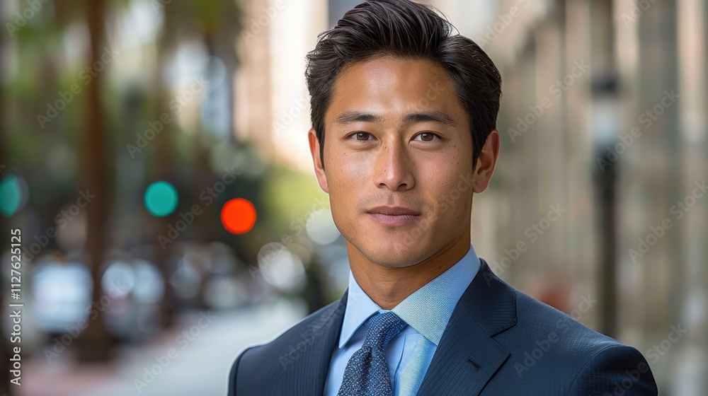 Portrait of a Confident Business Professional in Formal Attire Standing Outdoors in an Urban Setting with a Blurred Background of a City Street Portrait of a Confident Business Professional in Formal Attire Standing Outdoors in an Urban Setting with a Blurred Background of a City Street