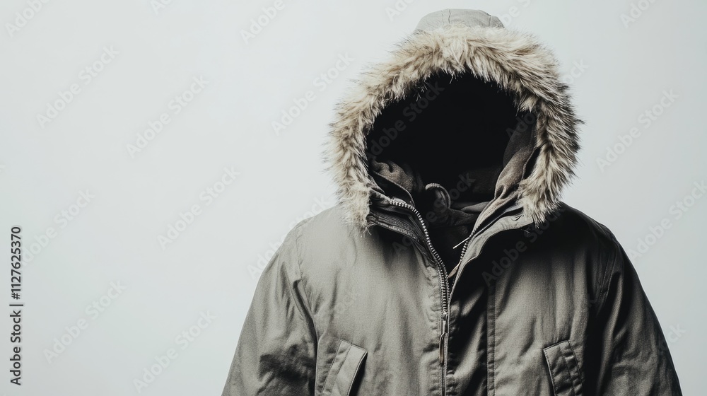 Warm Parka with Fur Hood on Display Against Neutral Background