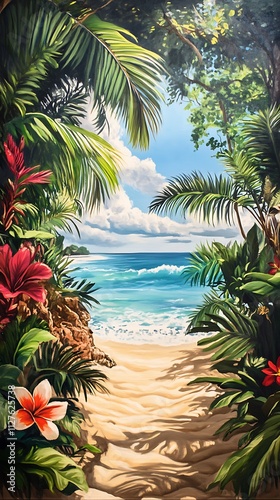 A tropical pathway leads to a serene beach with vibrant foliage and clear blue waters.