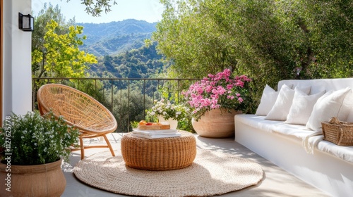 Boho terrace with cozy seating arrangements featuring soft pillows, a wicker lounge chair, and surrounded by colorful, flowering Mediterranean plants such as oleander and geraniums