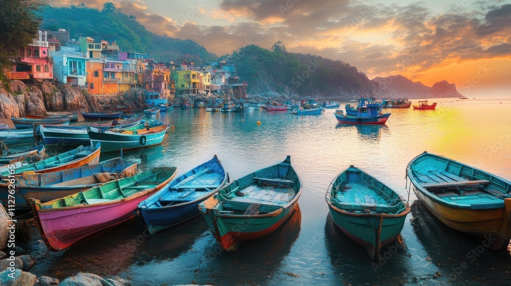 Obraz premium Colorful Fishing Boats at Sunset by Vibrant Coastal Village