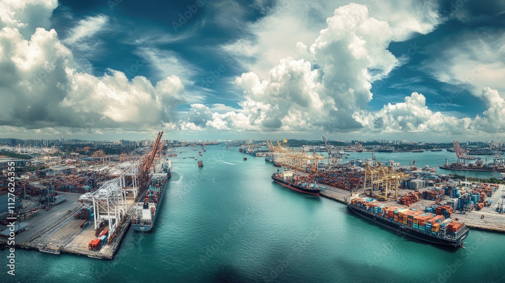 Naklejka premium Vibrant Shipping Port with Cargo Containers and Dramatic Sky