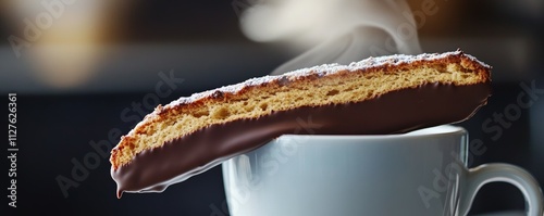 A chocolatedipped biscotti resting on the edge of a cappuccino cup, steam rising in soft focus, coffee and snack pairing, elegant simplicity photo