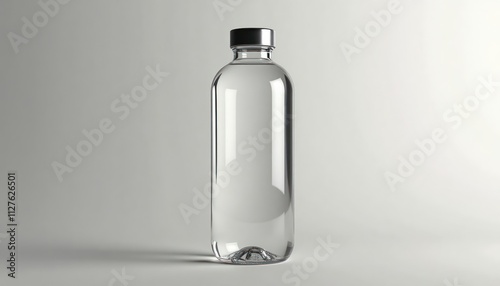 Empty customizable glass water bottle with black metal cap. Modern hydration product mockup on neutral background. Versatile eco-friendly bottle suitable for various branding projects. Clean design photo