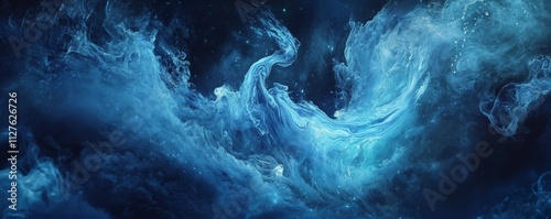 A dreamscape with a ghostly presence, this image showcases ethereal blue smoke curling against a pitch-black background