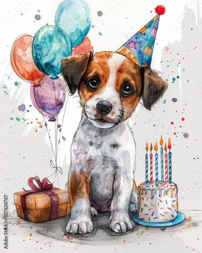 a Jack Russell Terrier puppy wearing a party hat, sitting next to a birthday cake and a gift, surrounded by balloons