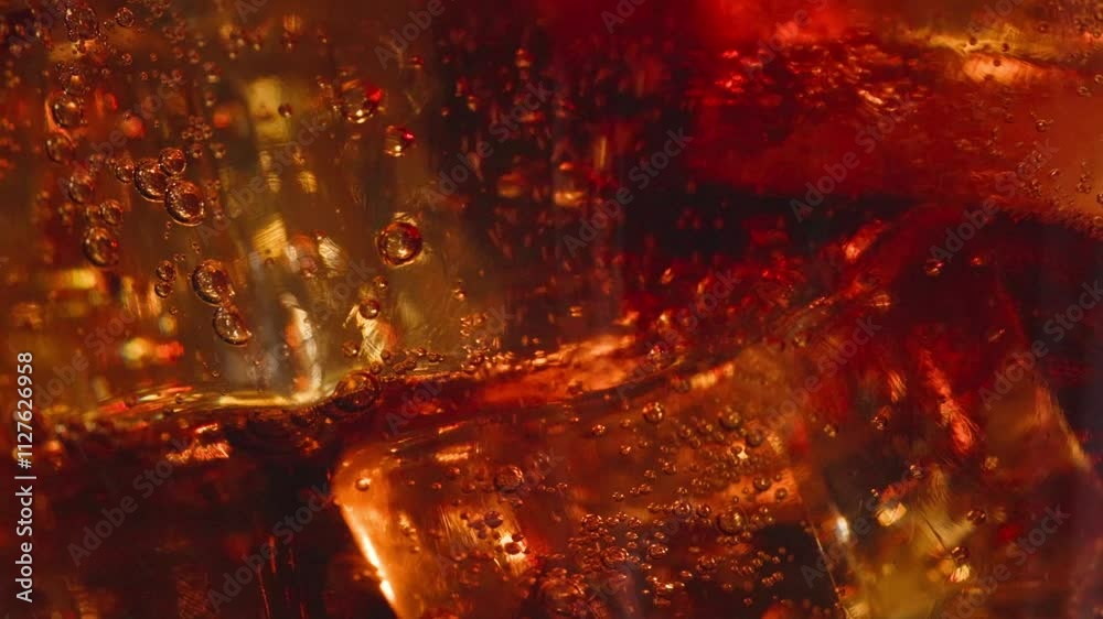 fresh cola pouring into glass with ice, close up. bubbles move around ice cubes macro
