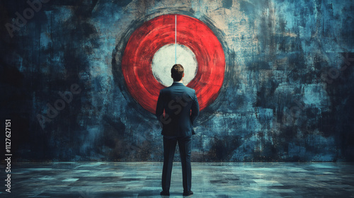 Business professional strategizing and setting goals while focusing on red target on grunge wall for future success