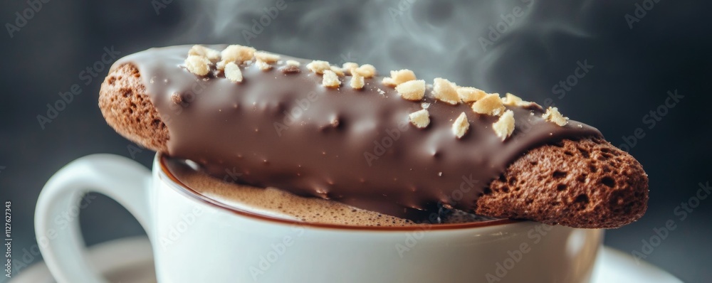 A chocolatedipped biscotti resting on the edge of a cappuccino cup, steam rising in soft focus, coffee and snack pairing, elegant simplicity A chocolatedipped biscotti resting on the edge of a cappuccino cup, steam rising in soft focus, coffee and snack pairing, elegant simplicity