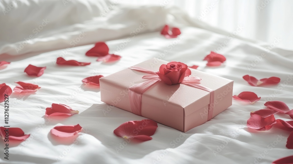 Romantic Gift Box with Rose Petals on a Soft Bed Sheet Romantic Gift Box with Rose Petals on a Soft Bed Sheet