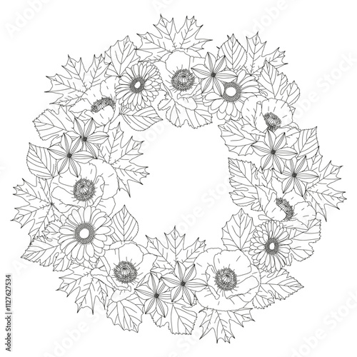 Coloring page for adults and children. Flower wreath.