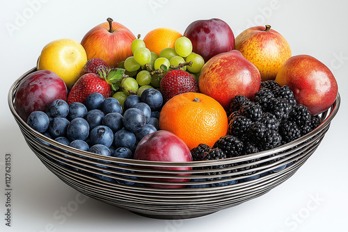 Photographie d'un panier à fruits minimaliste en acier inoxydable, forme ronde avec lignes épurées, sur fond blanc