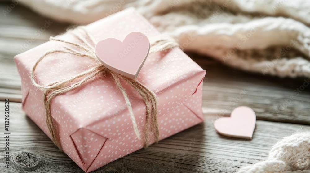 Gift Box Wrapped in Pink Paper with Heart on Wooden Table Gift Box Wrapped in Pink Paper with Heart on Wooden Table