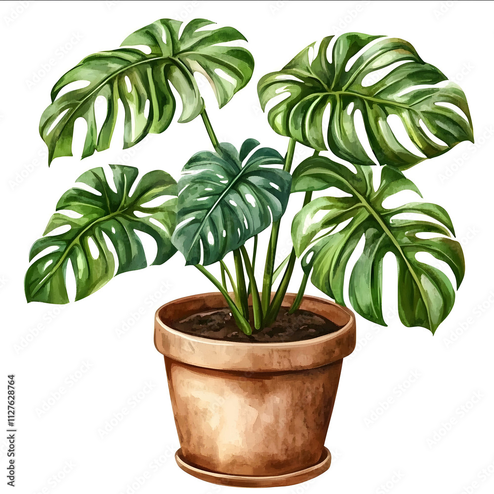 monstera flowerpot leaves one by one composition clipart on a white background watercolor style monstera flowerpot leaves one by one composition clipart on a white background watercolor style