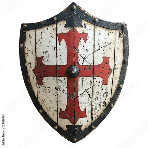 Shield medieval isolated knight viking metal cross wood crest coat. Templar isolated medieval gladiator shield sign old armour warrior arms wooden set armor crusade iron crusader round steel circle. photo