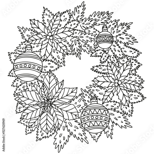 Coloring page for adults and children. Christmas wreath.