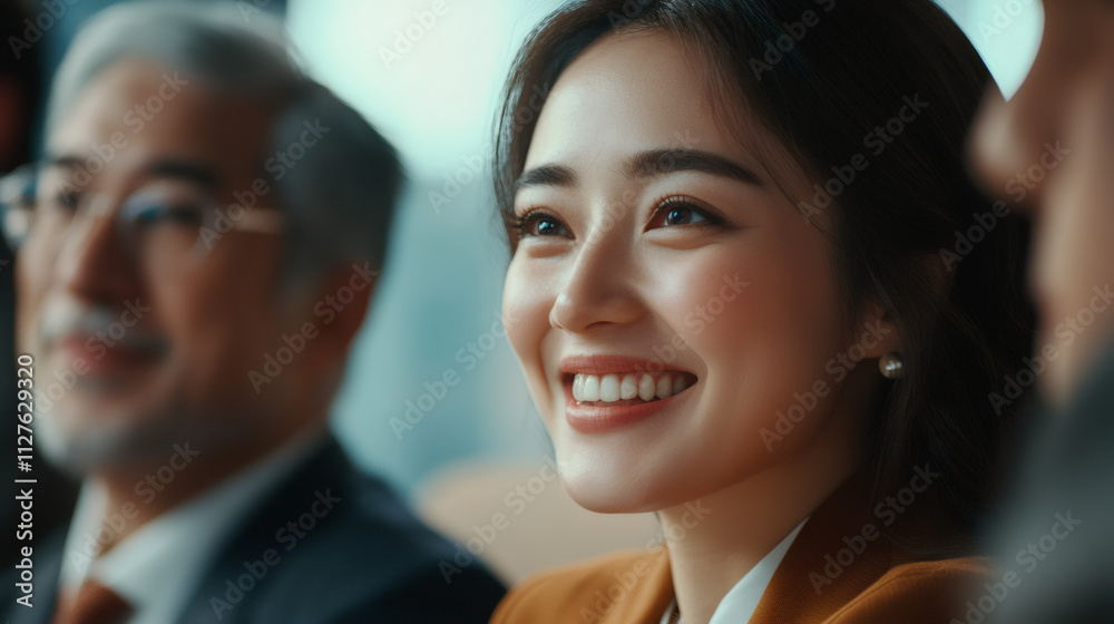 Close-up of a young businesswoman smiling while attending a business meeting with colleagues Close-up of a young businesswoman smiling while attending a business meeting with colleagues