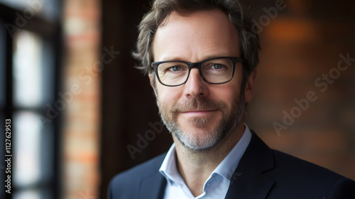 Confident businessman wearing eyeglasses and smiling warmly in a contemporary office, exuding professionalism and success