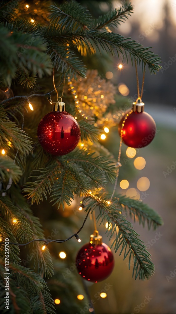 Close up of Christmas tree branches adorned with glowing golden fairy lights and red baubles Close up of Christmas tree branches adorned with glowing golden fairy lights and red baubles