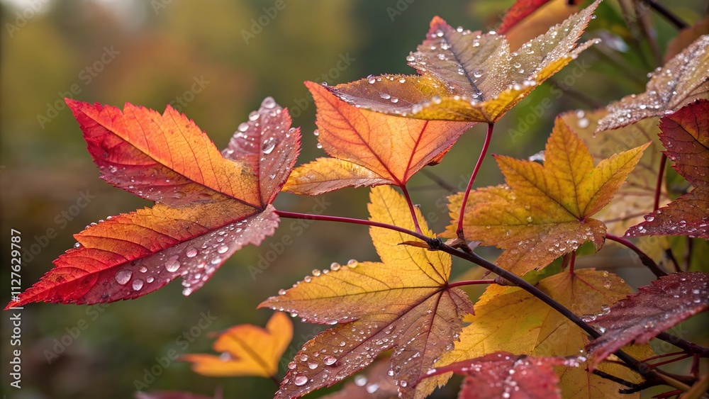 Obraz premium Closeup of Dew Covered Multicolored Autumn Leaves