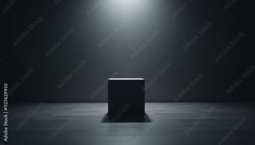 Dark room sleek black cube. Soft light highlights edges. Dramatic contrast with surrounding shadows. Versatile product display. Ideal for tech product presentations. Minimalist style. Modern Dark room sleek black cube. Soft light highlights edges. Dramatic contrast with surrounding shadows. Versatile product display. Ideal for tech product presentations. Minimalist style. Modern