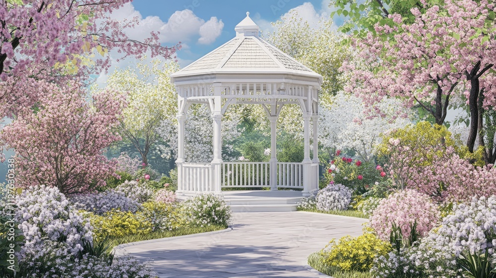 Obraz premium Scenic Gazebo Surrounded by Blooming Flowers and Lush Trees