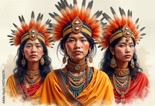 Indigenous women wear traditional Amazonian attire. Colorful feathered headdresses adorn heads. Wear intricate necklaces, earrings. Rich apparel signifies cultural heritage, lifestyle. Setting photo