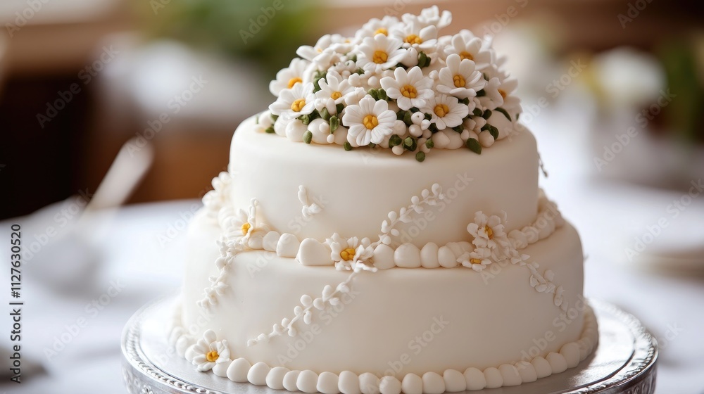 Elegant white wedding cake adorned with delicate floral decorations Elegant white wedding cake adorned with delicate floral decorations