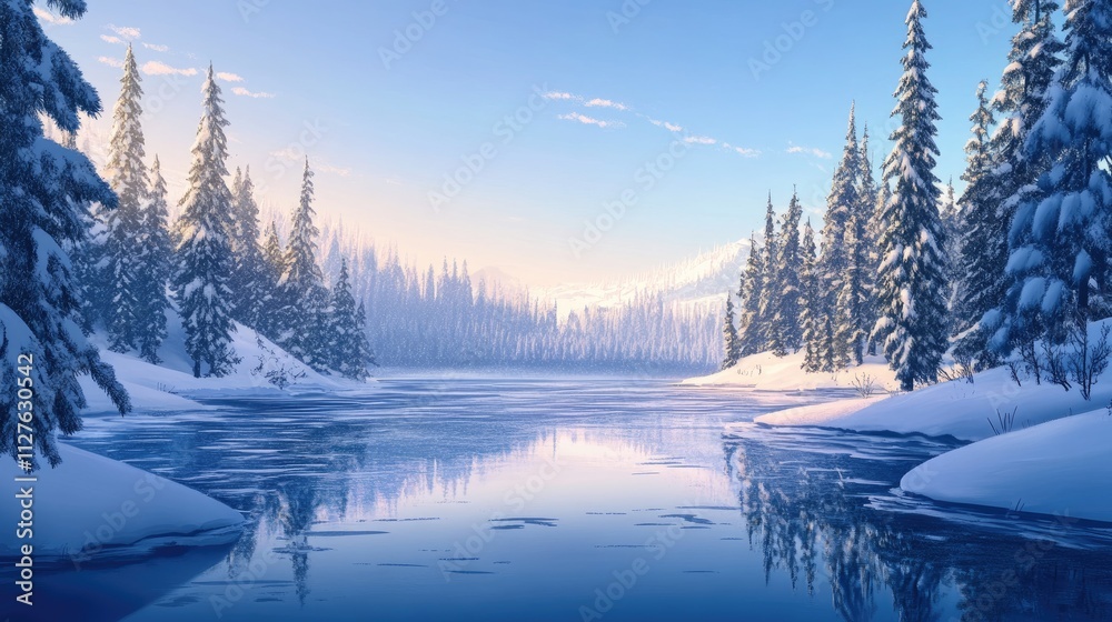 Obraz premium Serene Winter Landscape with Snow-Covered Trees and Calm Lake