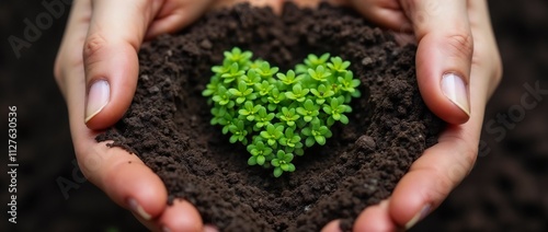 An image depicting hands caring for soil with a green heart-shaped plant on it, symbolizing love for nature, growth, and sustainability, emphasizing environmental care and ecological balance.


