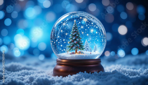 Snow Globe at Night - Christmas Wish with Snowfall and Blue Background