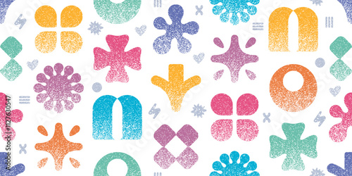 Pattern with noise grain shape. Gradient abstract figure. Circle, arrow, star element with halftone gradation. Vector color noise dot. y2k grafitti design. Geometric seamless grain shape pattern bg
