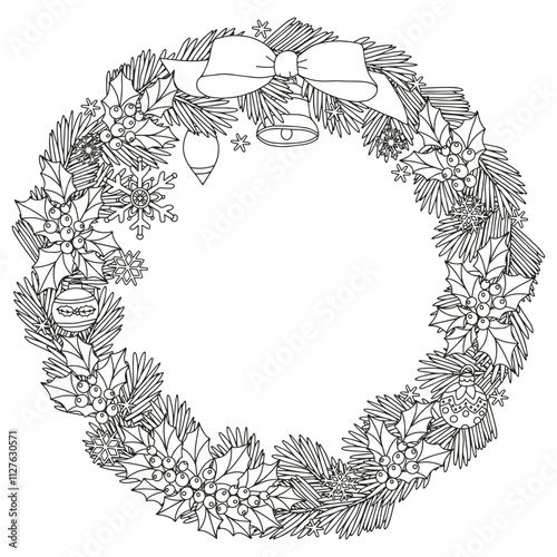 Coloring page for adults and children. Christmas wreath.