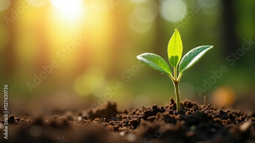 New Beginnings: A vibrant green sprout emerges from rich soil, bathed in the warm glow of the morning sun, symbolizing growth, potential, and the promise of a brighter future. 